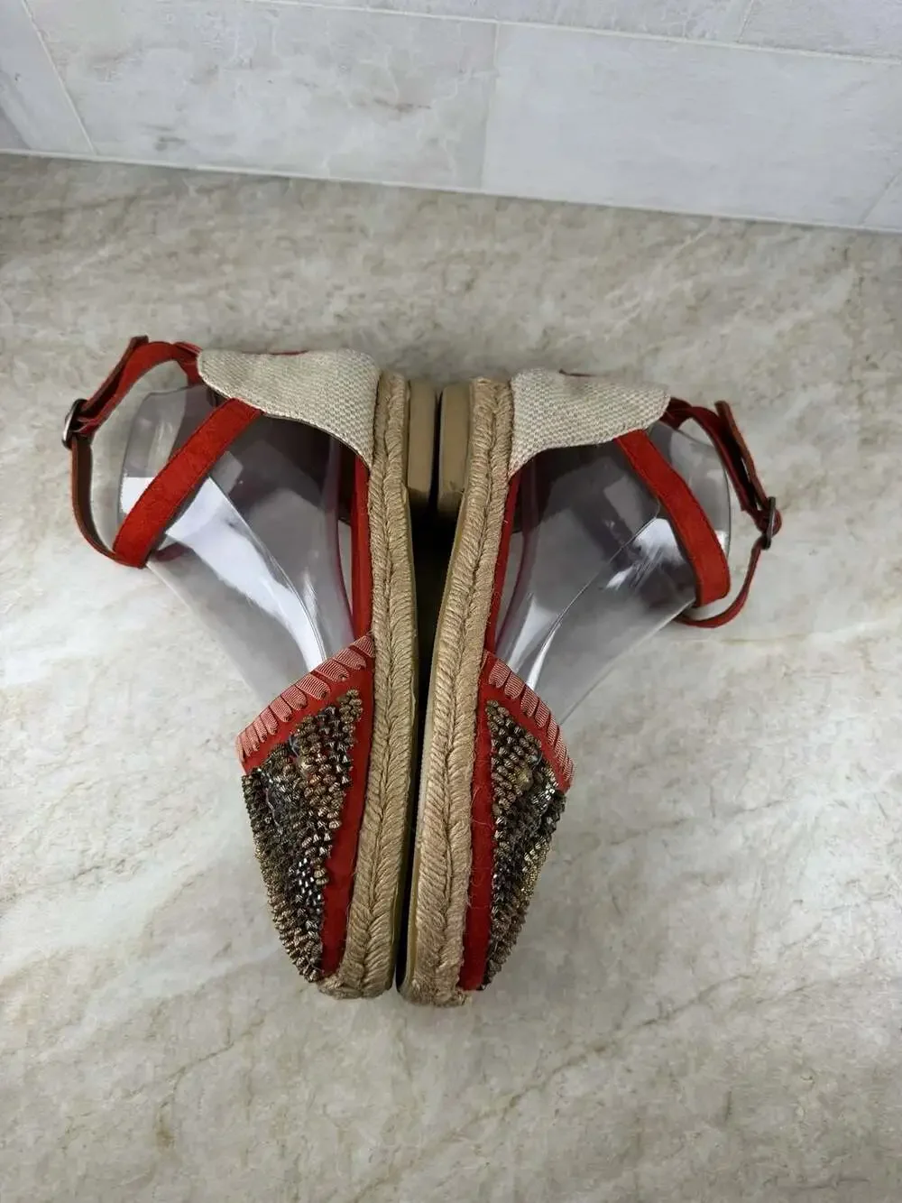 BOC Red Suede Beaded Espadrille Wedge Sandals Ankle Strap Boho Women’s Size 8